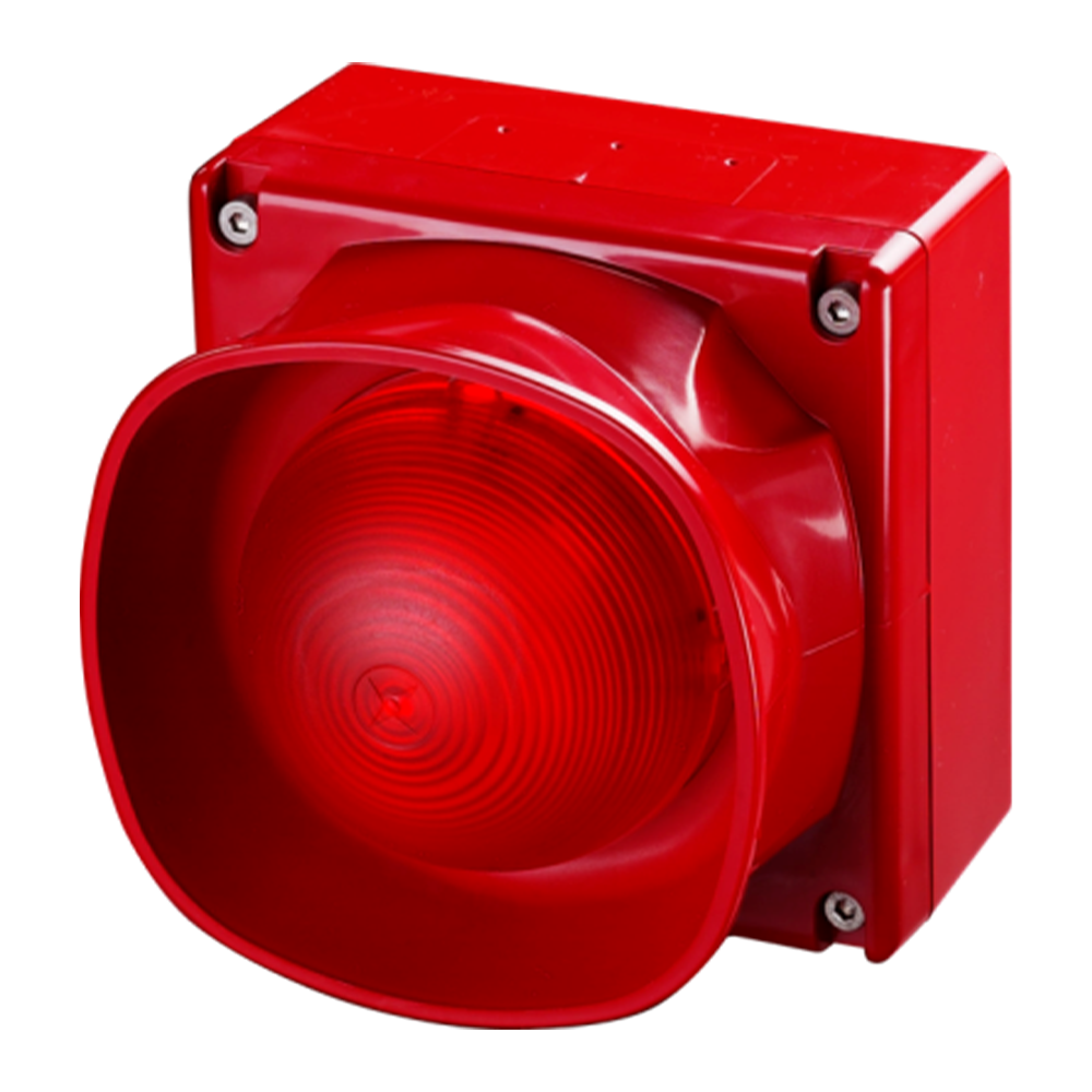 Meertonige open-area sirene flitser (optisch/akoestisch), rood.  IP66